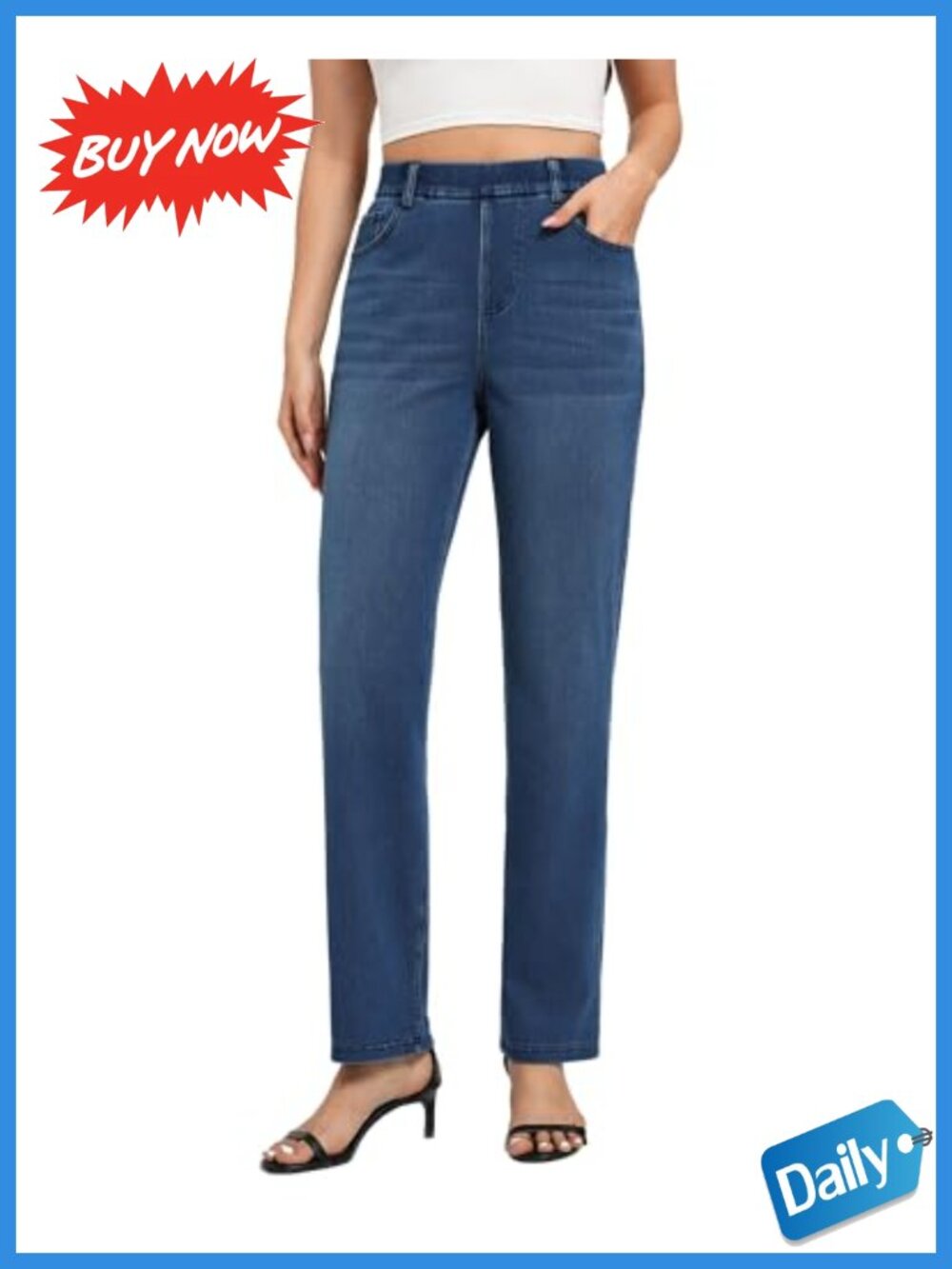 Straight Leg Stretch Jeans Pull On High Waisted Comfort Denim Pants